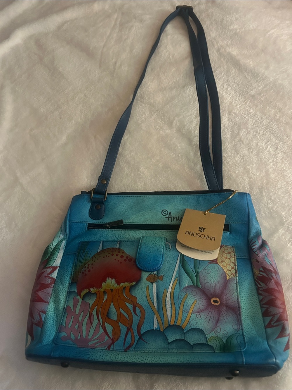 Anuschka Teal and Blue Hand-Painted Leather Shoulder Bag
